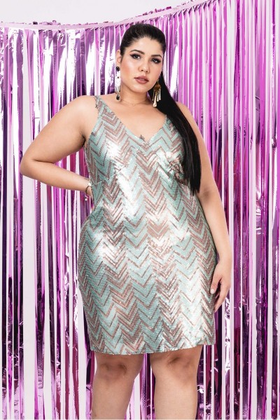 Vestido Plus Size Paetê Rosa/Azul